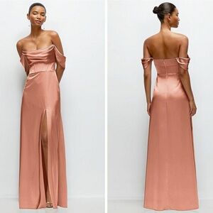 After Six Dessy A-Line Satin Off Shoulder/Strapless Copper Penny Maxi Dress NWT